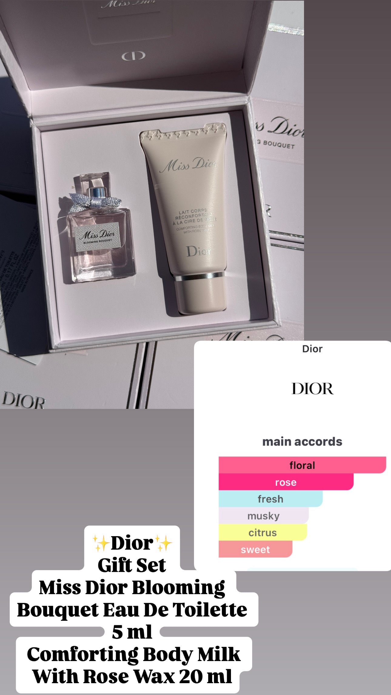 Dior
Gift Set
Miss Dior Blooming Bouquet Eau De Toilette 5 ml
Comforting Body Milk With Rose Wax 20 ml