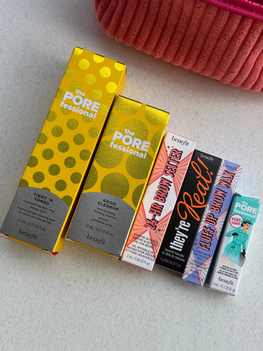 Benefit Set 
-Good Cleanup Pore-Purifying Foaming 19 ml
-Tight’N Toned Pore-Refining AHA+PHA Toning Foam 22 ml
-24-HR  Brow Setter 2 ml
-they’re Real beyond mascara 3g
-Fluff Up Brow Wax 1.5 ml
-Pore Primer 3ml
-Cante makeup