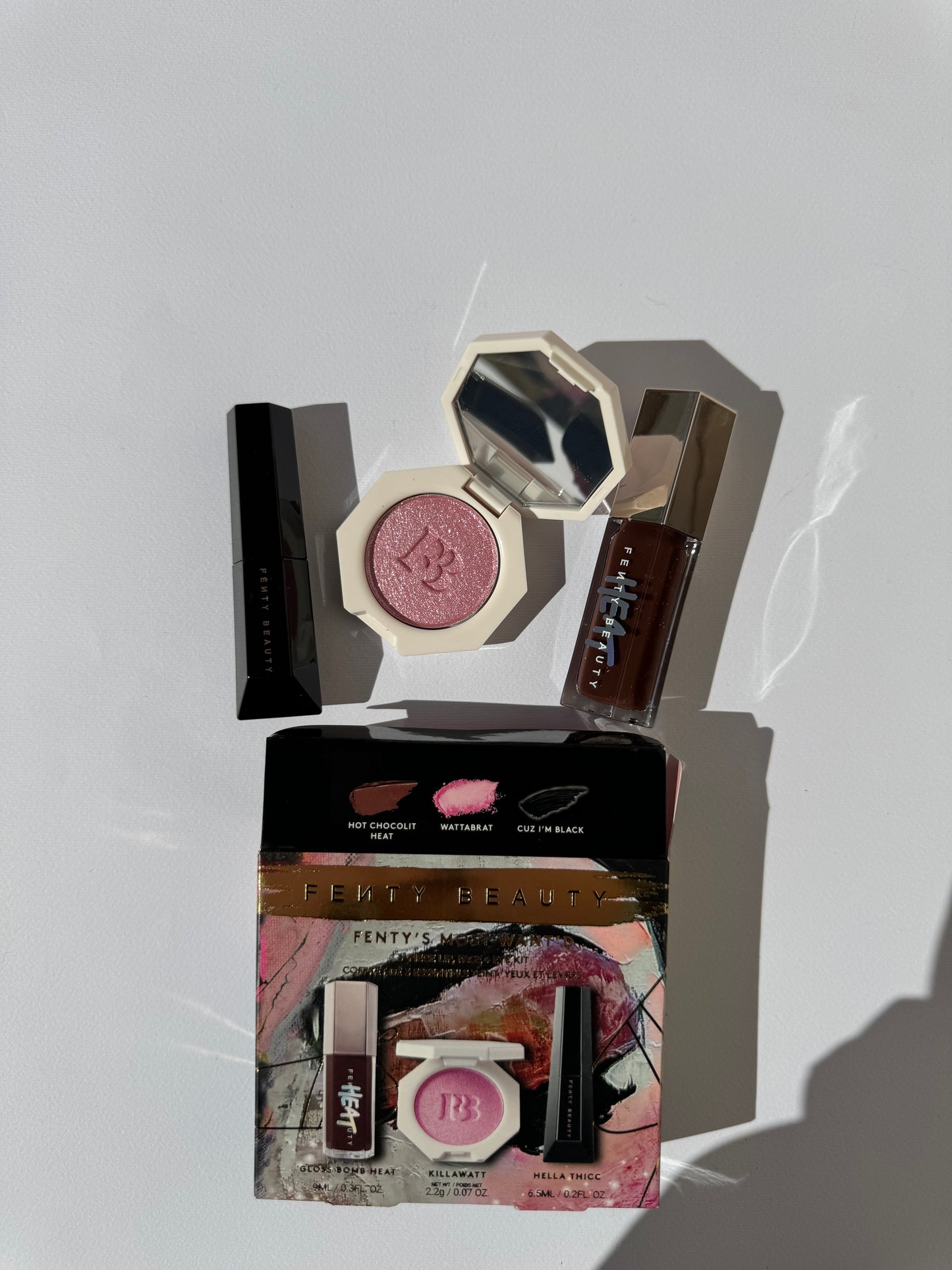 Fenty Beauty by Rihanna
Fenty’s Most Want’d: 3-Piece Lip, Face + Eye Kit
-Mini Killawat Shade Wattabrat
-Mini Hella Thicc Mascara
-Full Size Gloss Bomb Heat Shade Hot Chocolit Heat