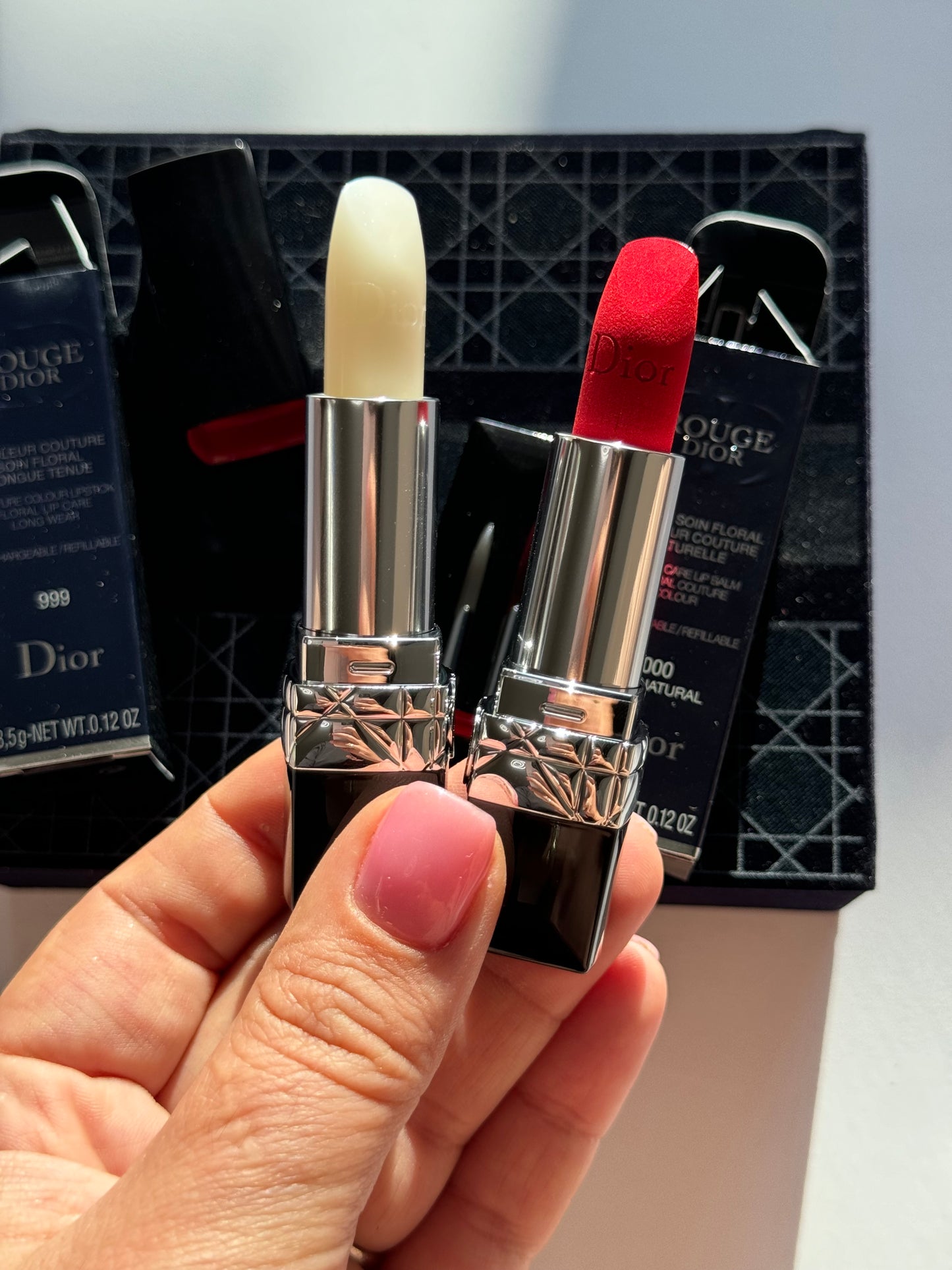 Dior Lipstick Set
-Rouge Dior Couture Colour Lipstick Shade 999 Velvet
-Rouge Dior Lip Balm Shade 000 Diornatural Satin Balm